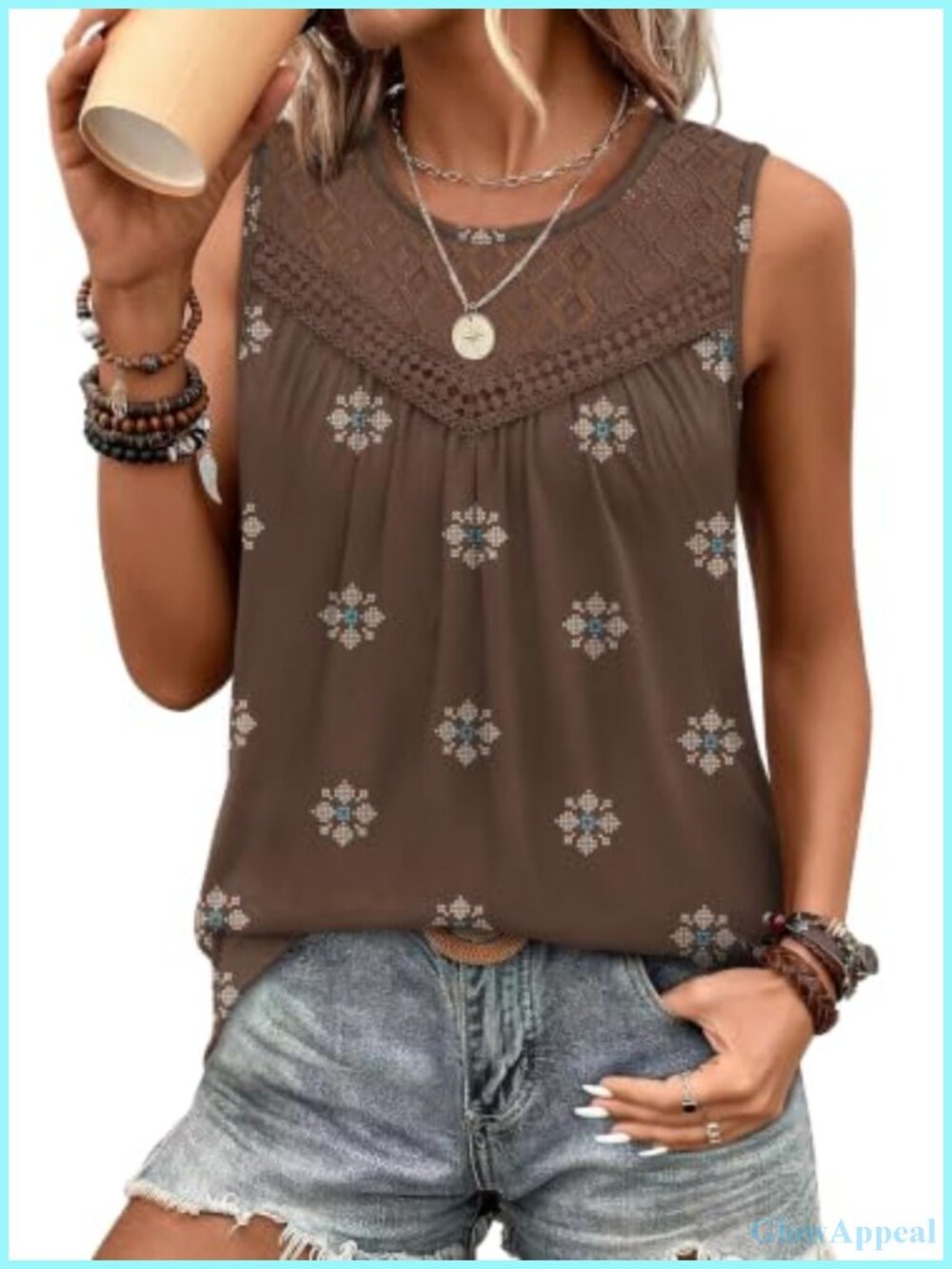 Womens Lace Crochet Tank Top Sleeveless Boho Loose Fit Pleated Crewneck Summer